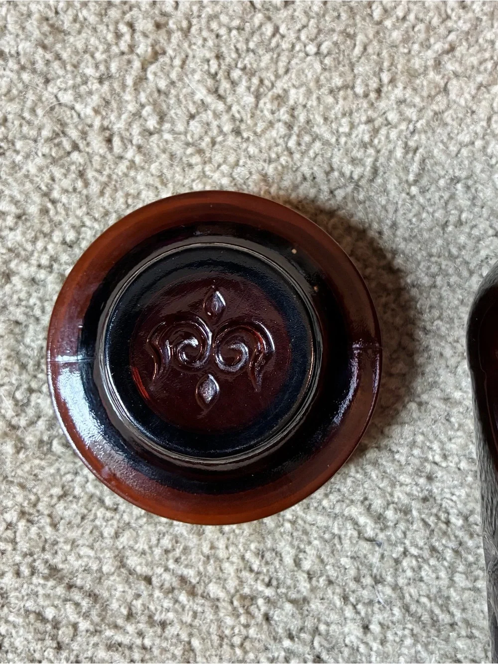 1975 Cremora Apothecary Jar Collectable Cannister Dark Brown Glass Fleur De Lis